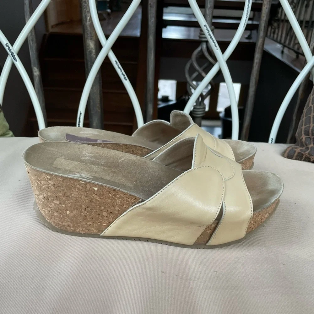 Clorinda‎ Antinori Leather Cork Wedge Platform Slide in Cream Size 8